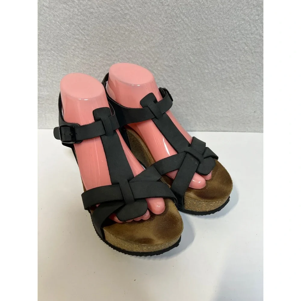 Goldstar Black Cork Wedge Platform Sandals Womens 41 US 10.5 Buckle Ankle Strap‎